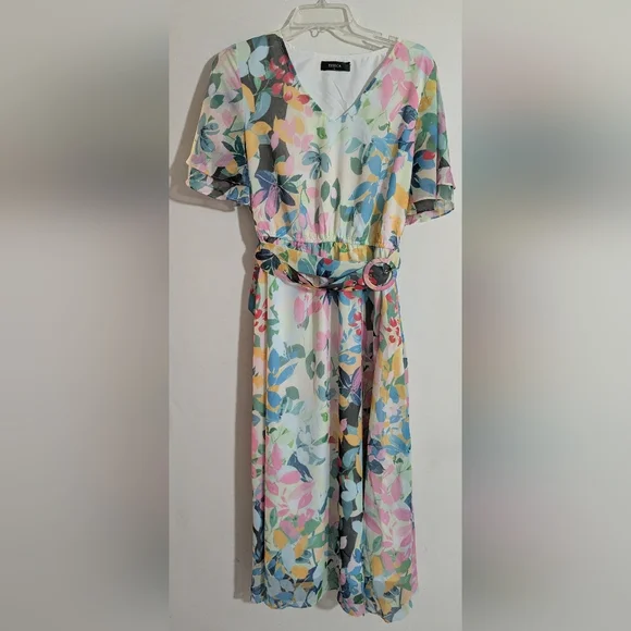 ZESICA Women's 2026 Summer Floral V Neck Midi Dress Boho Short Sleeve High Waist - Picture 3 of 6